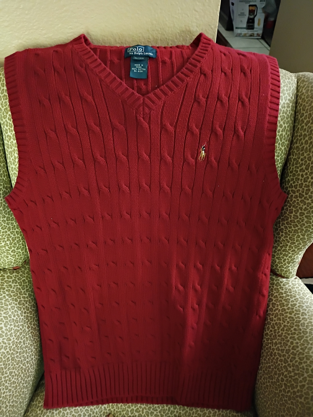 Polo by Ralph Lauren Red Cable-Knit V-Neck Sweater Vest Open To Offers